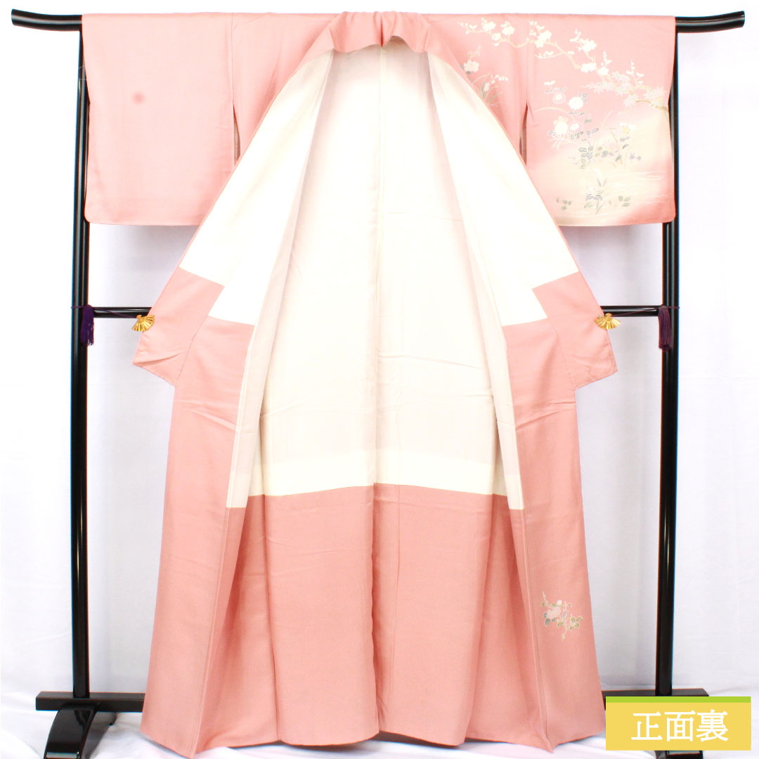 Homongi, pure silk, lined, length 162cm, sleeve length 64cm, Shinonome-iro, Kyoto Yuzen, floral pattern, with basting thread, S rank, pink, 1112005692413