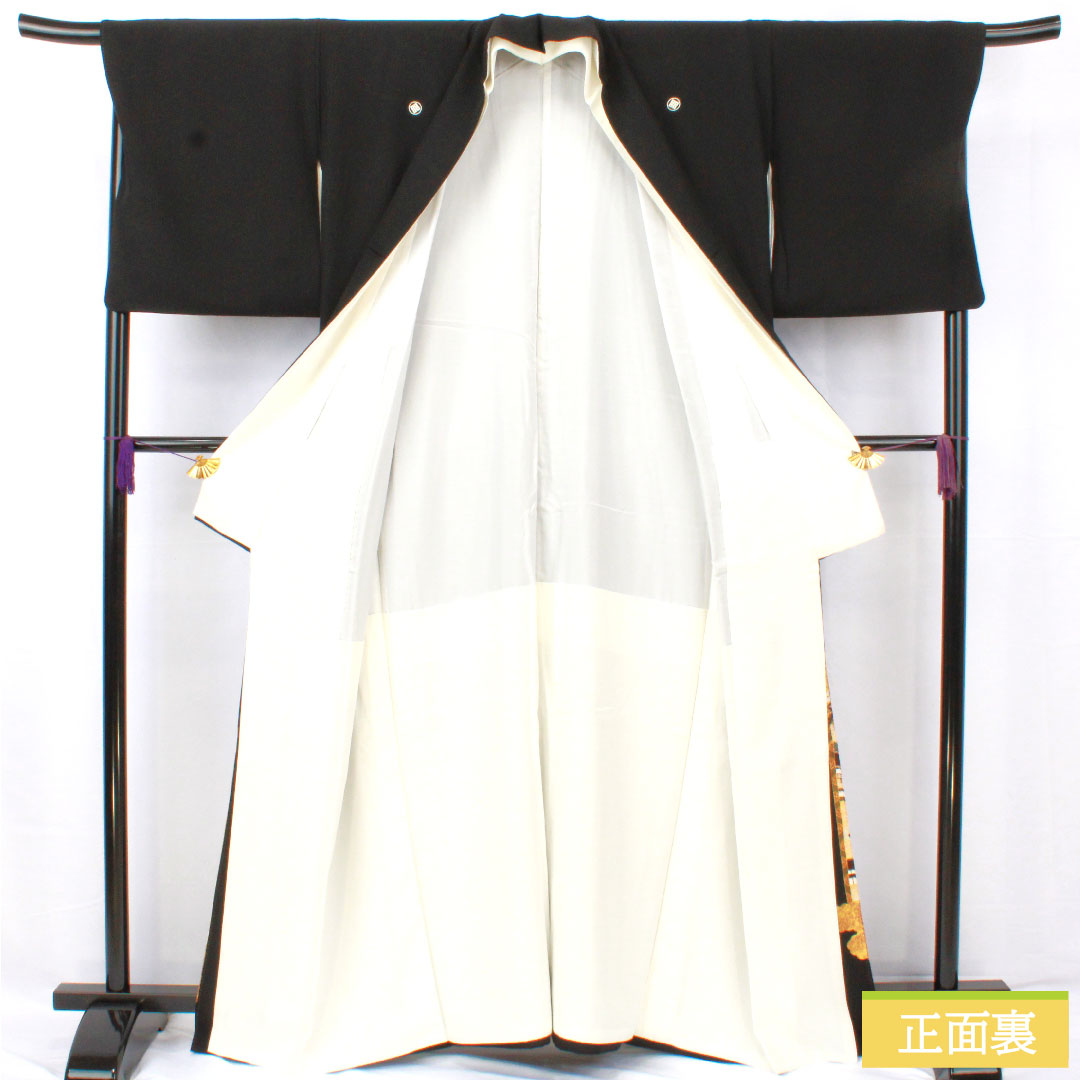黒留袖 正絹 身丈162.5cm 裄丈69cm 袷 京友禅 大名行列 作家物 松尾光琳 五つ紋 丸に角立四ツ目 Aランク 黒系 1111001603410