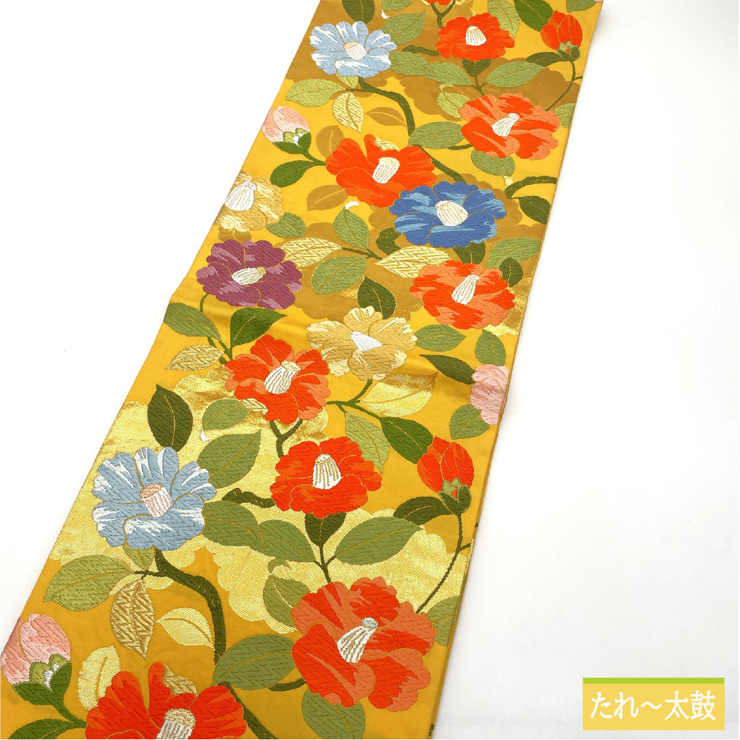 Formal, yellow-toned obi, pure silk, S-rank, Nishijin-ori (Karaori) weave, camellia pattern, length 424cm, six-pass, yellow, 1123017062323
