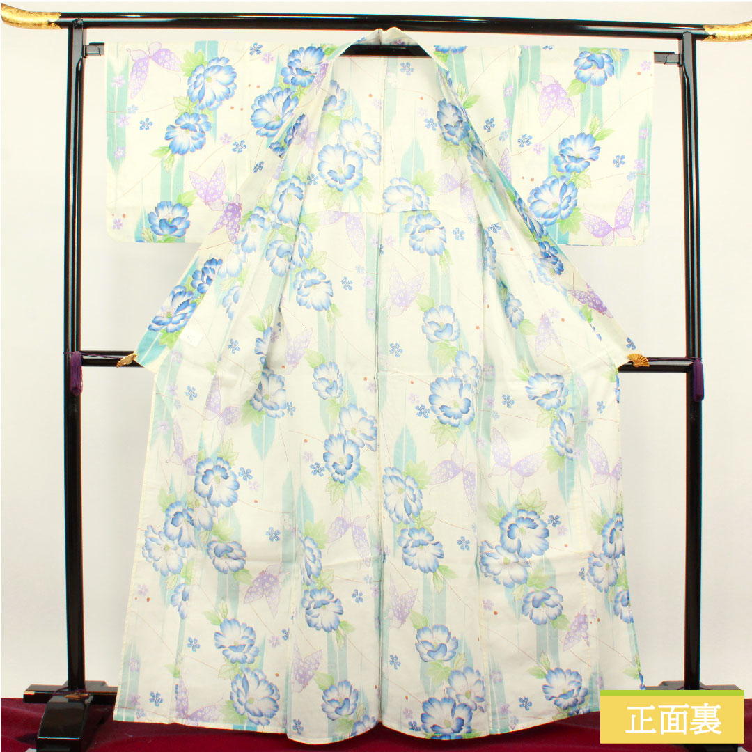 浴衣 木綿 身丈165cm 裄丈66cm Sランク 単衣 白系 蝶 牡丹 撫子 1118004692511