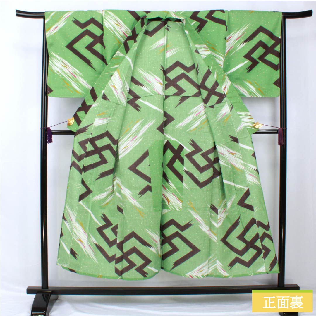 Yukata Cotton Length 149cm Sleeve length 67cm S rank Single layer Green Bright green (Senryoku-iro) Swastika 1118005452119