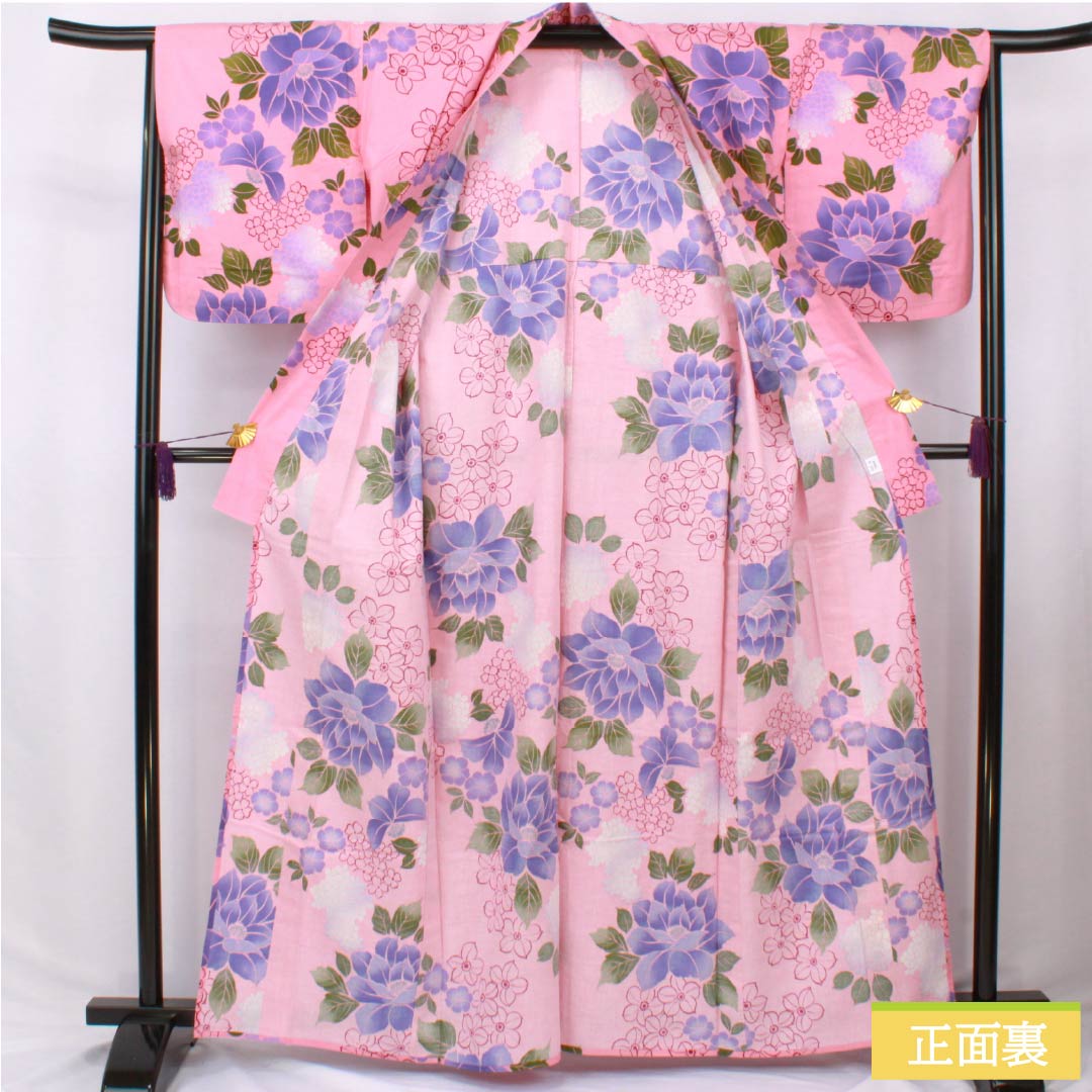 Cotton Yukata, Length 163cm, Sleeve Length 65cm, S Rank, Single Layer, Pink, Medium Crimson Flower Color, Flower Design, 1118006572413