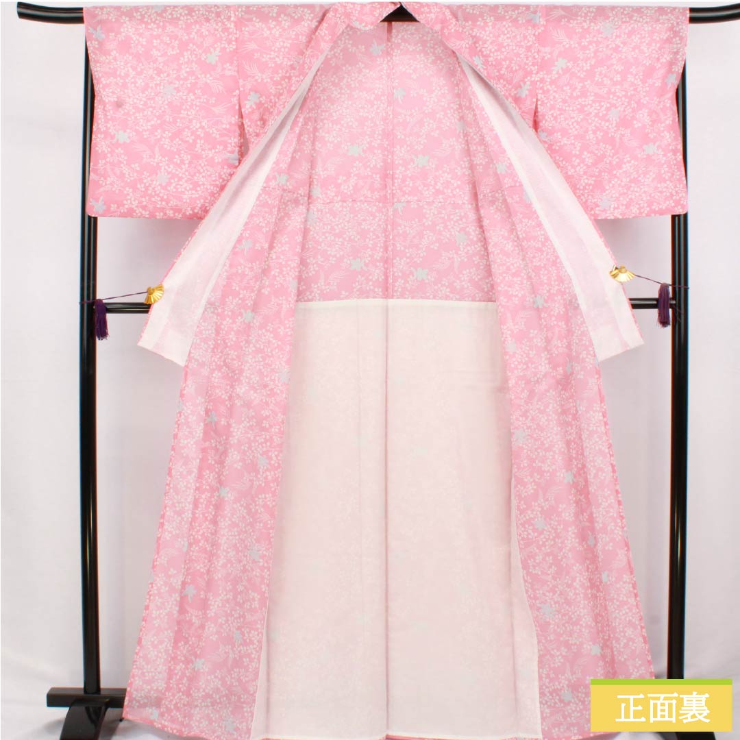 Summer kimono, polyester, small pattern, length 166.5cm, sleeve length 68.5cm, medium crimson flower color (nakano kurenai iro), plant pattern, lining, washable, pink, S rank, ro, 1132002622513