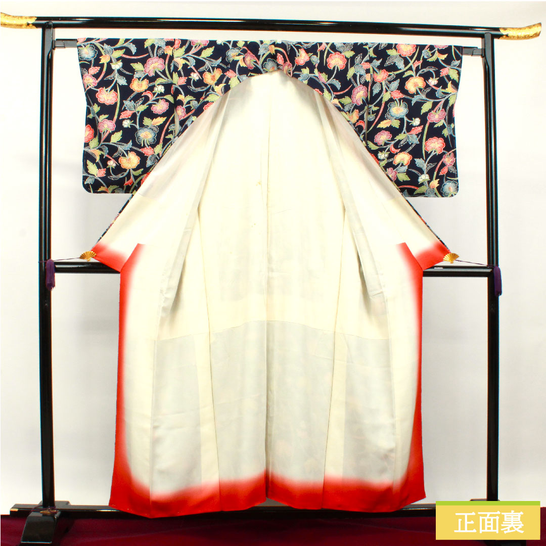 Small pattern, pure silk, length 155cm, sleeve length 62.5cm, lined, navy blue bellflower color, Kyoto Bingata, floral pattern, rank B, navy blue, 1115003784318
