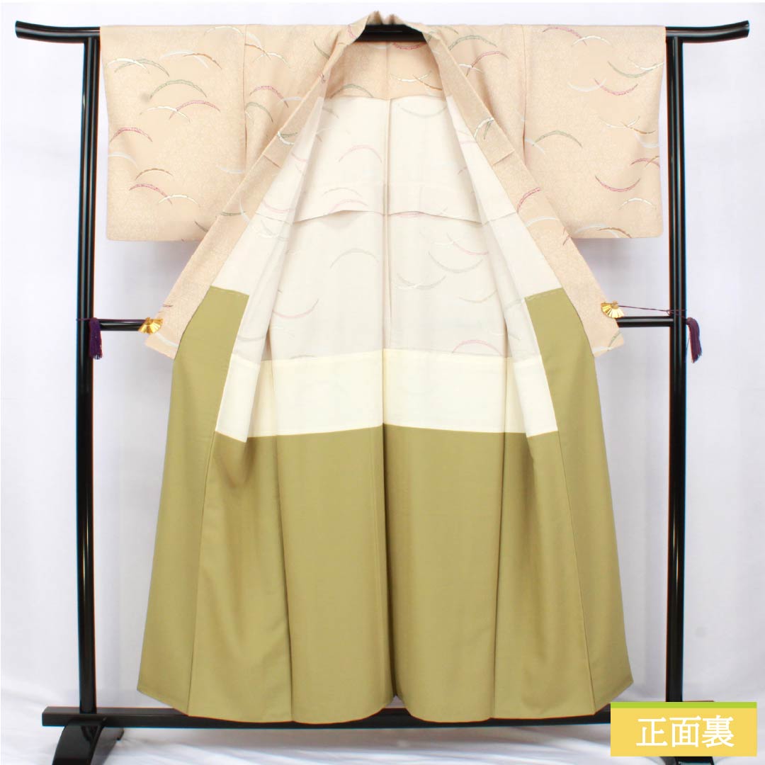 Komon (small pattern) polyester kimono, A rank, length 155.5cm, sleeve length 63cm, lined, walnut color (kurumiiro) with dew-grass pattern, backless, washable, beige, 1115007123325