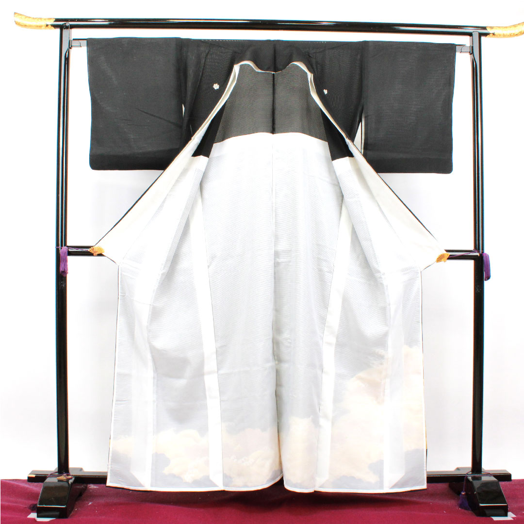 Summer polyester black formal kimono, length 159.5cm, sleeve length 66cm, wave pattern, washable kimono, Gosankiri, silk, B rank, black, 1132001474310