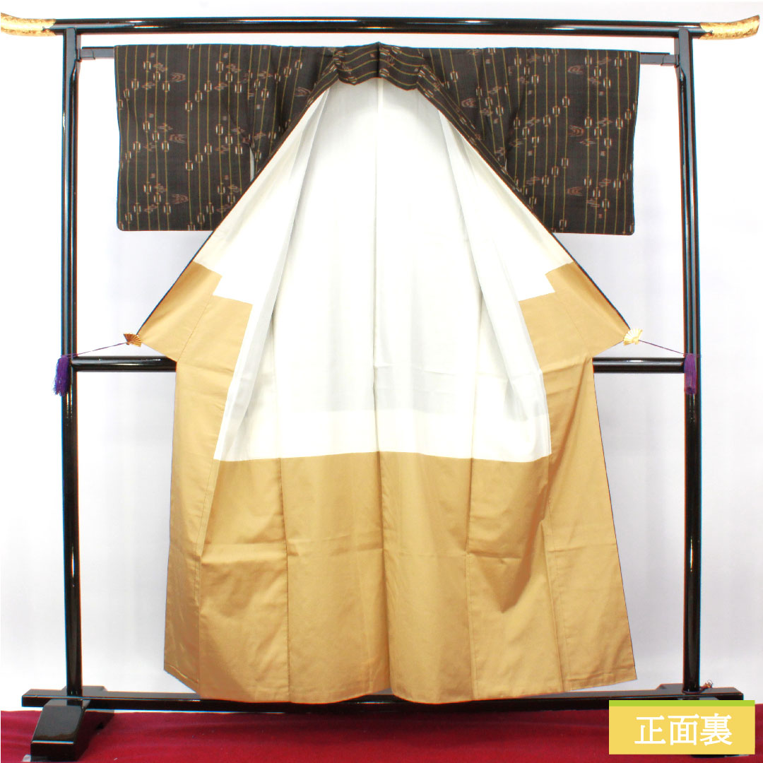 紬 正絹 身丈156.5cm 裄丈63cm 黒鼠色（くろねずいろ） 久米島紬 重要無形文化財 Bランク 袷 茶系 1116003504314