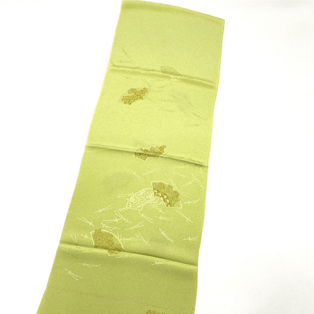(Like New) Semi-Formal Silk Obiage (Sash) in Pale Willow Green (Usuyanagi-iro) by Tango Chirimen, with a Fan and Pine Design, Approximately 174cm Long and 28.5cm Wide, Green, Product Number: 1136001161919