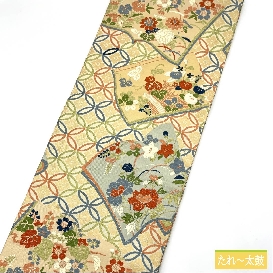 (Maru obi) Fukuro obi, pure silk, off-white (kinari-iro), Maru obi, Japanese style, Shippo, floral pattern, obi length 410cm, S rank, full length, formal, cream color, 1123013932315