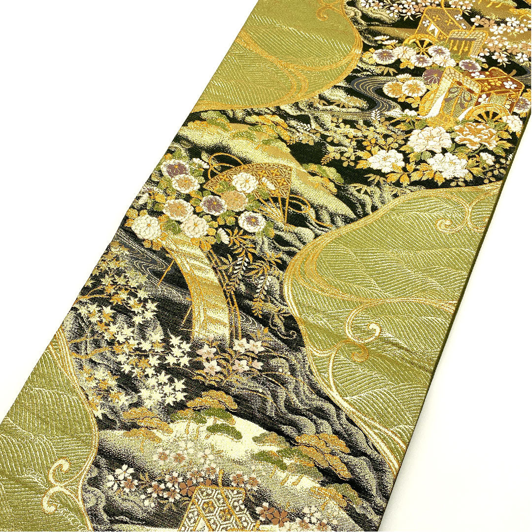 袋帯 百入茶色（ももしおちゃいろ） 吉祥文様 松竹梅 御所車 帯丈432cm 正絹 Sランク 六通 フォーマル 緑系 1123005262319