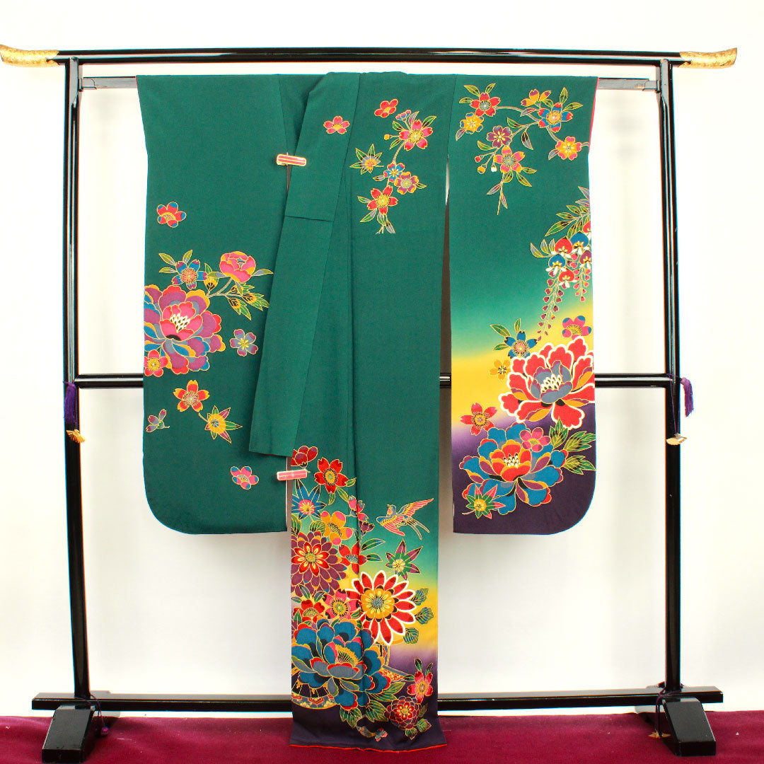 振袖 身丈166cm 裄丈68.5cm 袷  鉄色 桜 菊  正絹 Sランク 緑系 1113000972519