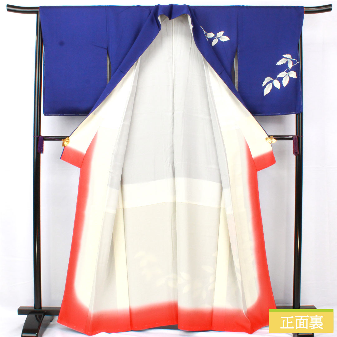 Homongi, pure silk, lined, length 163.5cm, sleeve length 65.5cm, lapis lazuli, Kyoto Yuzen, chrysanthemum, with basting thread, A rank, navy blue, 1112005283418