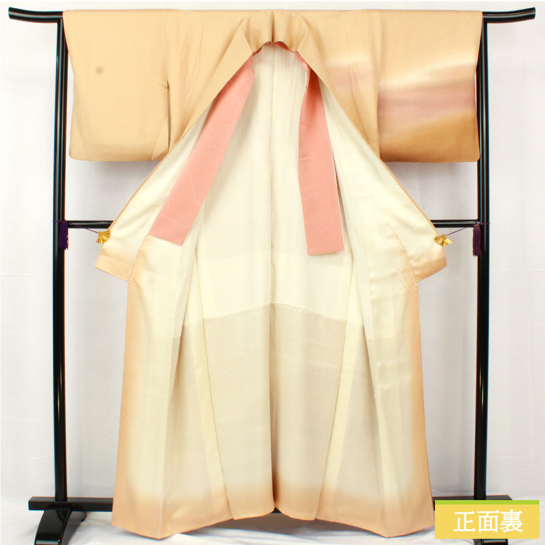 Homongi, pure silk, lined, length 162.5cm, sleeve length 64cm, koji-iro, Kyo-yuzen, tsukesage, plum, S rank, beige, 1112005292425