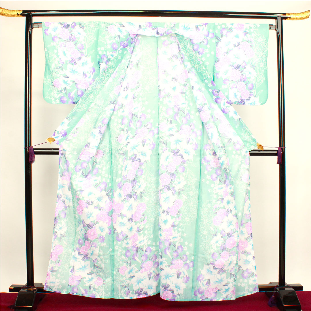 浴衣 水浅葱色 草花模様 ポリエステル Sランク 単衣 身丈162.5cm 裄丈66.5cm 水色系 1118001542424