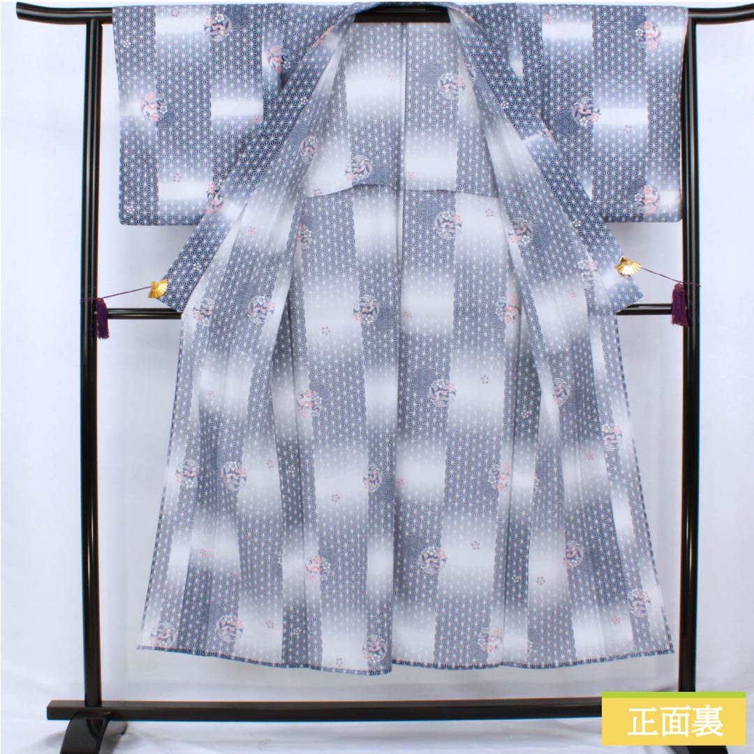 Summer kimono, polyester, small pattern, length 149cm, sleeve length 62cm, iron grape color (tebutsubudouiro), hemp leaf pattern, classic, washable, ro, rank A, navy blue, product number 1132002633118