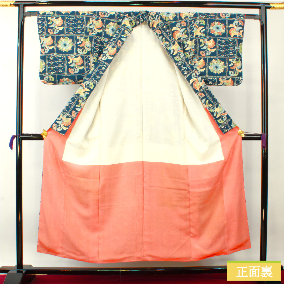 小紋 正絹 身丈153cm 裄丈62.5cm 袷 裏色（うらいろ） 京紅型 草花模様 しつけ糸付き Aランク 紺系 1115004343218