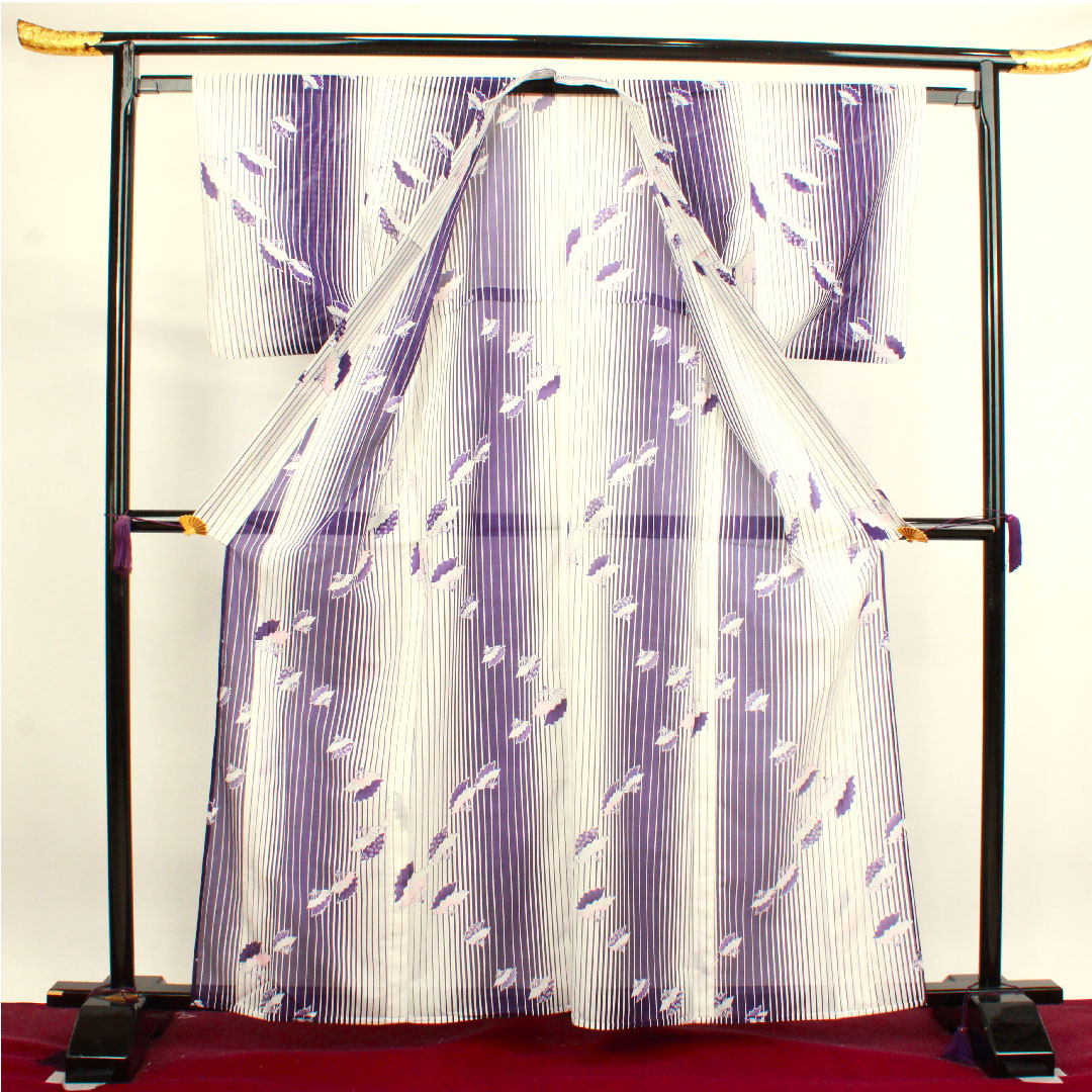 Summer kimono, polyester, small pattern, length 162.5cm, sleeve length 62cm, washable kimono, fan, stripes, silk, S rank, gradation style, 1132000712499