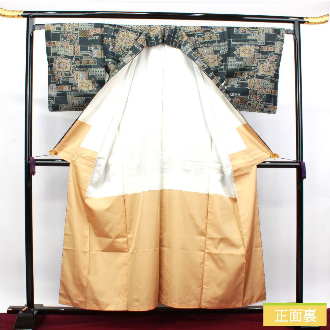 Komon, pure silk, length 156.5cm, sleeve length 65.5cm, lined, dark blue, tsumugi fabric, geometric pattern, with basting thread, S rank, blue, 1115003882317