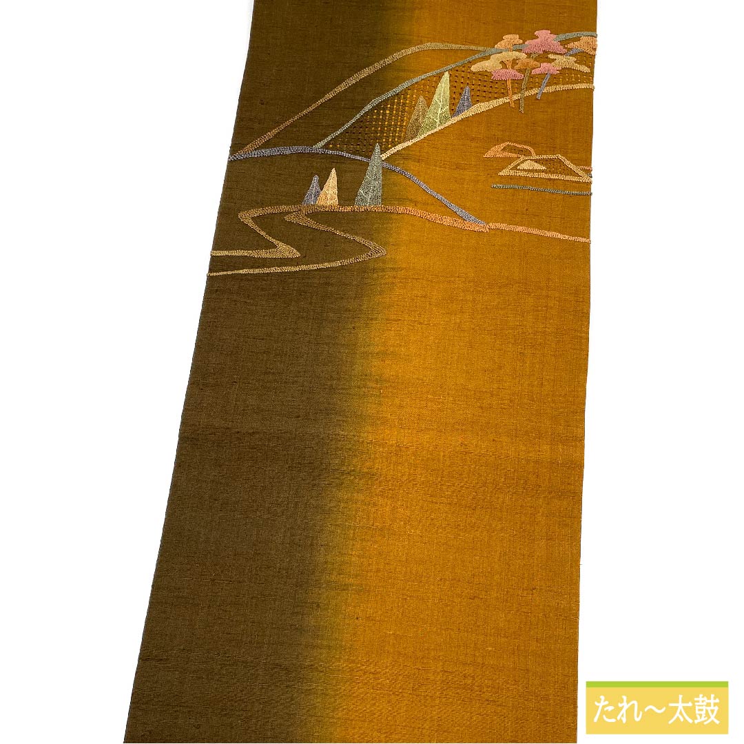 Nagoya obi, pure silk, old-fashioned brown, Sagara embroidery, Satoyama landscape embroidery, obi length 358cm, S rank, point pattern, casual, brown, 1124006332314, Nagoya tailoring