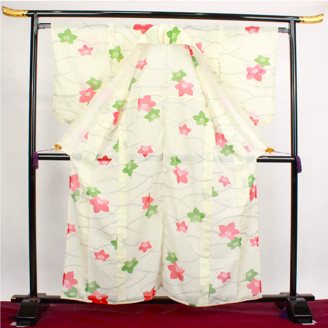 夏物 ポリエステル 訪問着 身丈160cm 裄丈65cm 白百合色（しらゆりいろ）露芝 花模様 絽 Aランク クリーム系 1132000083415