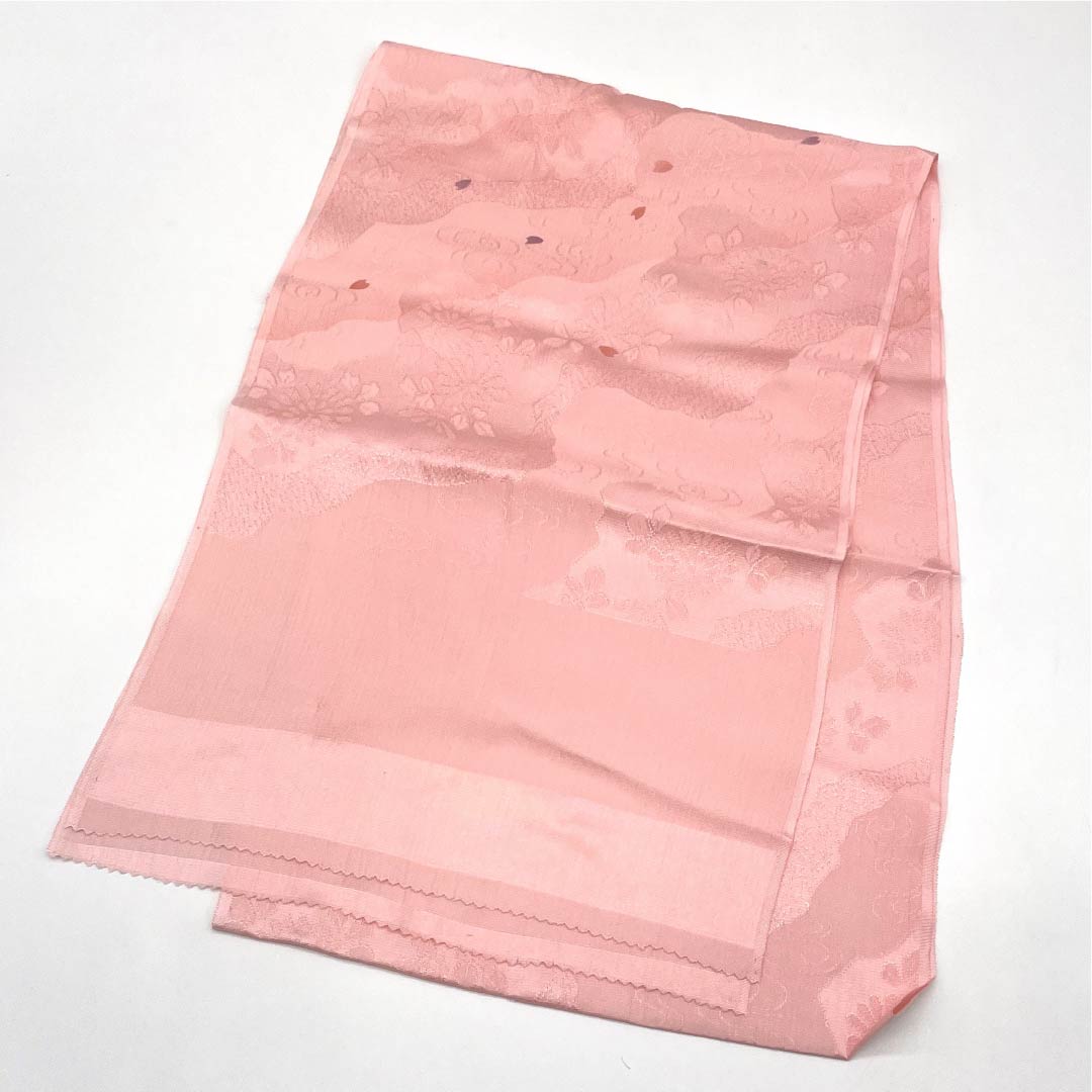 Obiage, pure silk, S rank, semi-formal, pale crimson, Michinaga-dori with cherry blossoms, length approx. 183cm, width approx. 29cm, pink family, 1136002632913