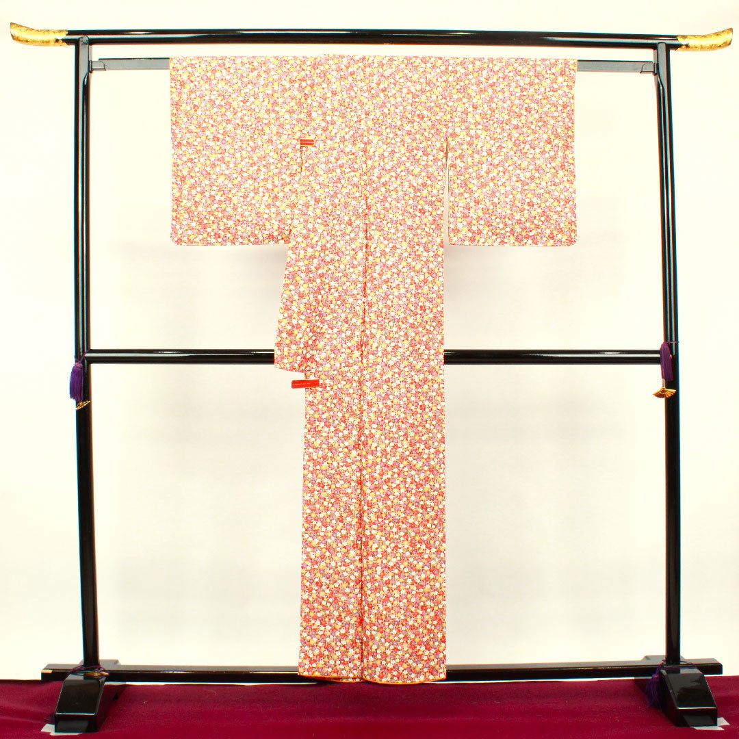 小紋 身丈152cm 裄丈61.5cm 袷  猩々緋色 梅 紬地  正絹 Sランク 赤系 1115002992212