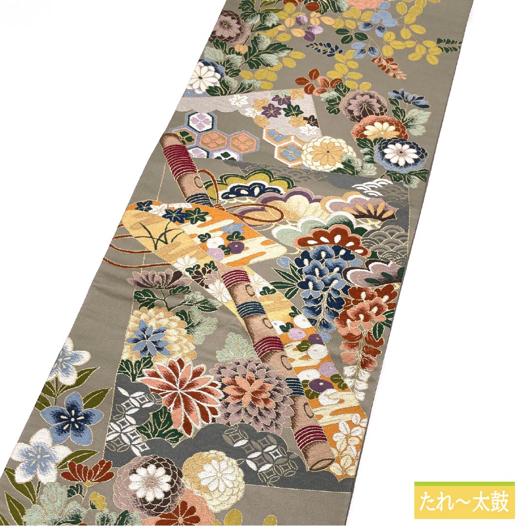 Pure silk obi in a charcoal gray color, by Hakuryoen Oba, featuring a flute and shippo details. Suitable for furisode kimono. Length: 436cm. S-rank. Six-fold obi. Formal wear. Gray. Product number: 1123014372322