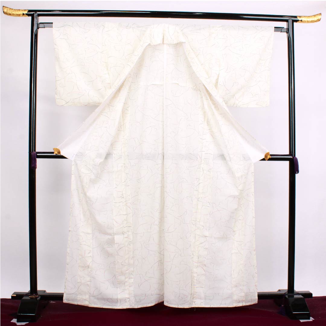 夏物 ポリエステル 小紋 身丈163.5cm 裄丈63.5cm 胡粉色（ごふんいろ） いちょうの葉 絽 Bランク 白系 1132000334411