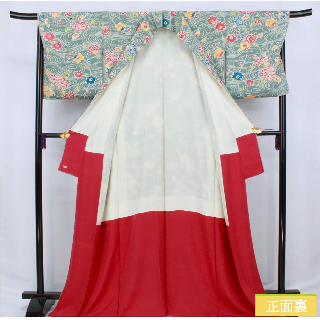 小紋 正絹 身丈169.5cm 裄丈68.5cm 袷 山藍摺色（やまあいずりいろ） 京紅型 ちりめん地 流水 草花模様 Aランク 青系 1115006163517