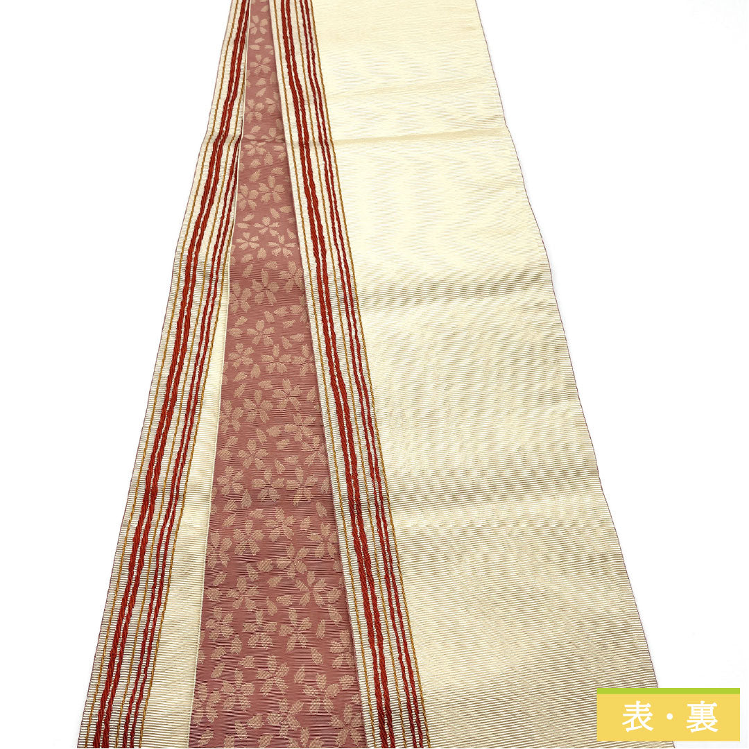 Half-width obi, polyester, S-rank, Torinoko color (Torinoko), reversible, striped, cherry blossom, cream, 354cm long, product number 1125002332315