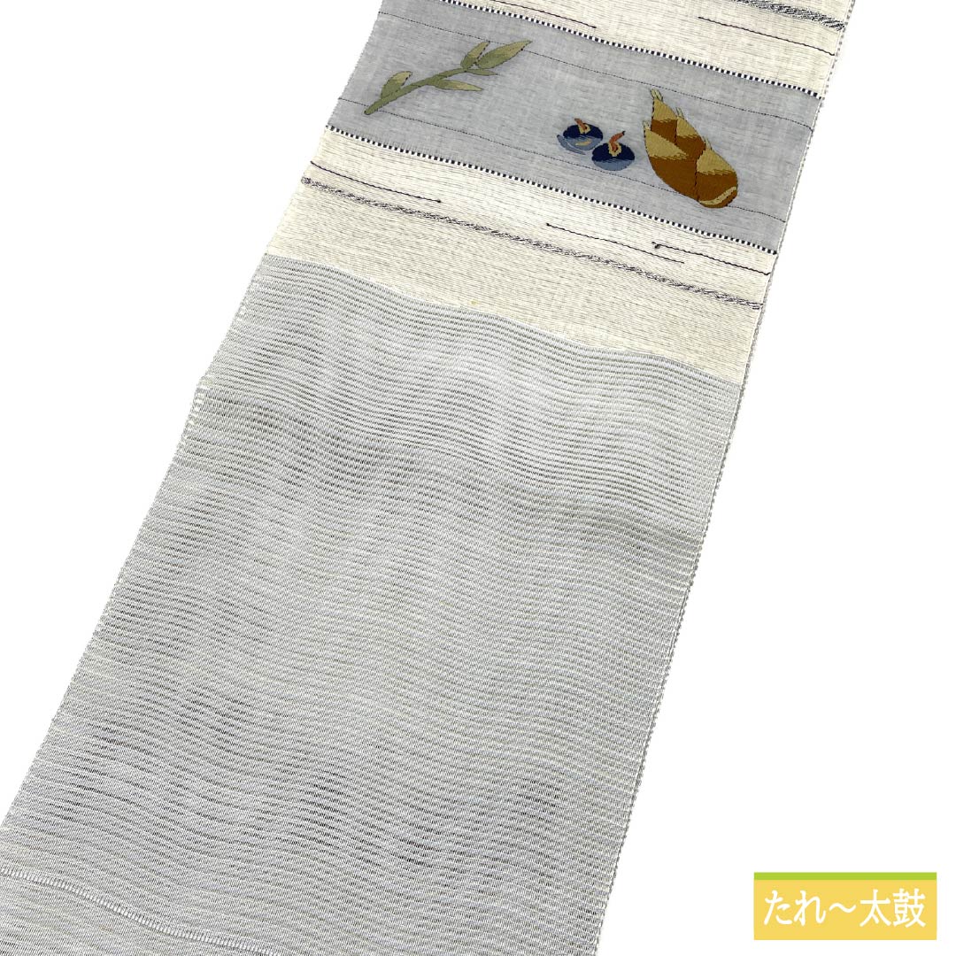 Nagoya obi, pure silk, sky gray, summer obi, vegetable pattern, obi length 373cm, B rank, point pattern, casual, blue, 1124007964317, pine needle style