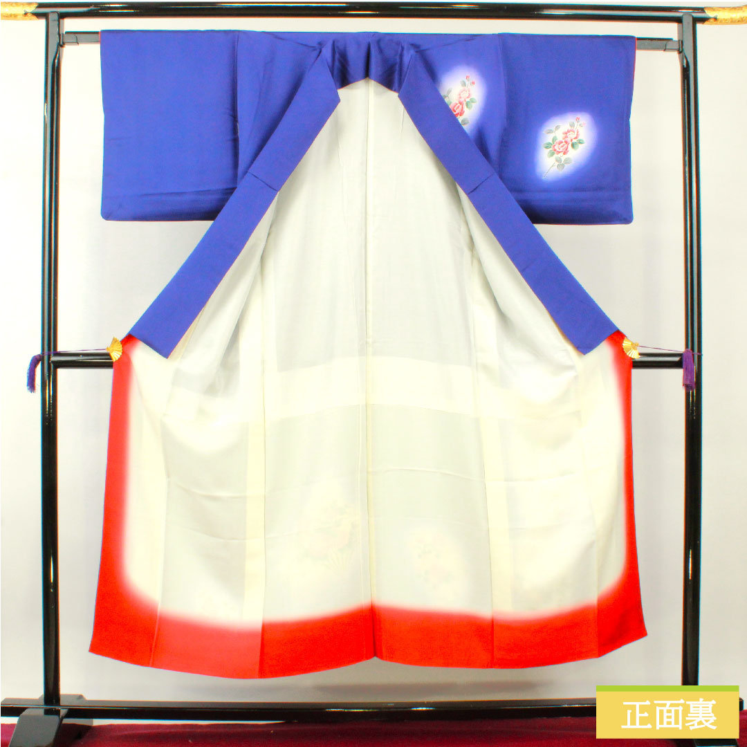 Homongi, pure silk, lined, length 150cm, sleeve length 62.5cm, blue-purple, floral pattern, fan, S rank, navy blue, 1112004202118
