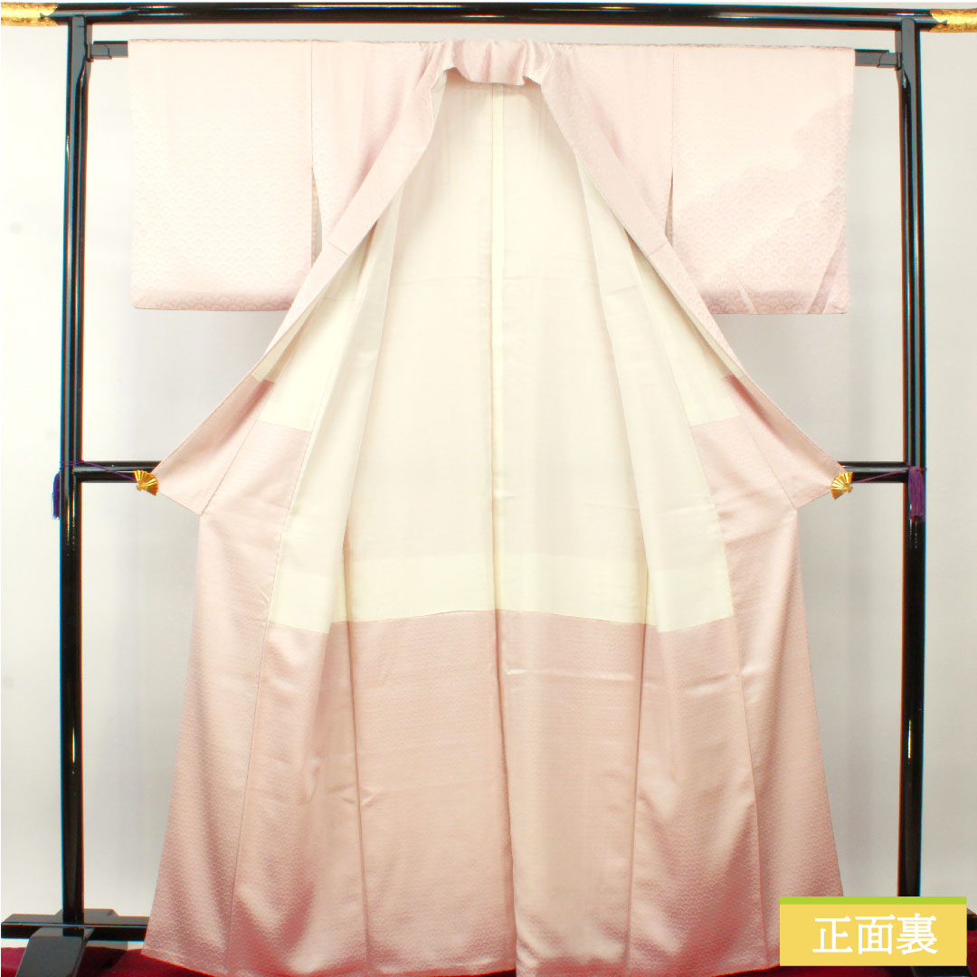 色無地 正絹 身丈164.5cm 裄丈63.5cm 桜色（さくらいろ） 扇 無地訪問着 袷 紋なし Aランク ピンク系 1114001393413