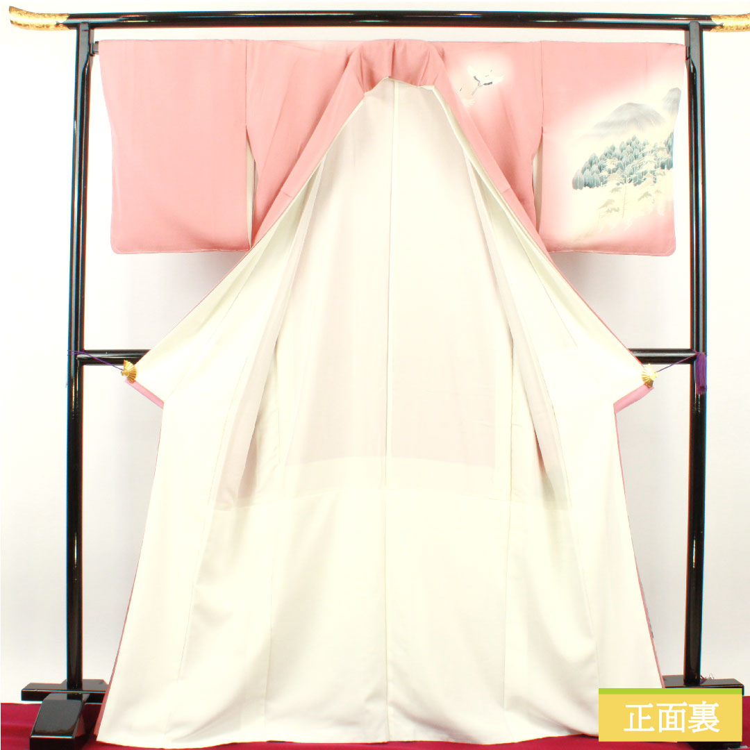 訪問着 正絹 袷 身丈170.5cm 裄丈69.5cm 一重梅色（ひとえうめいろ） 京友禅 比翼仕立て 風景模様 鶴 三つ紋 Sランク ピンク系 1112004612613