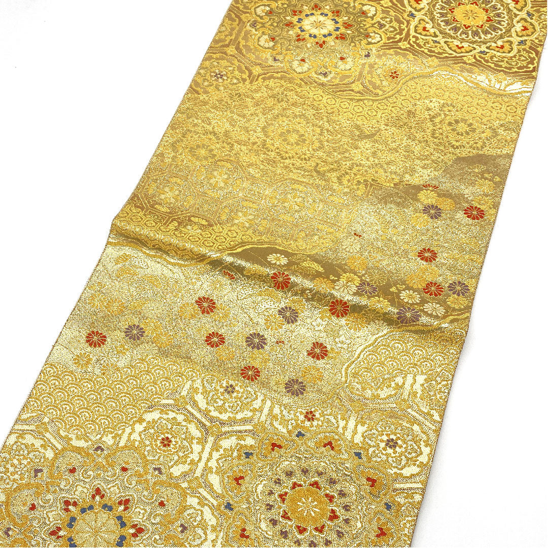 [Unhemmed] Fukuro Obi, Silk, S Rank, Dochō Autumn Grass and Floral Motif, Nagashima Textile, Length 428cm, Rokutsu, Formal, Gold, 1123004692321