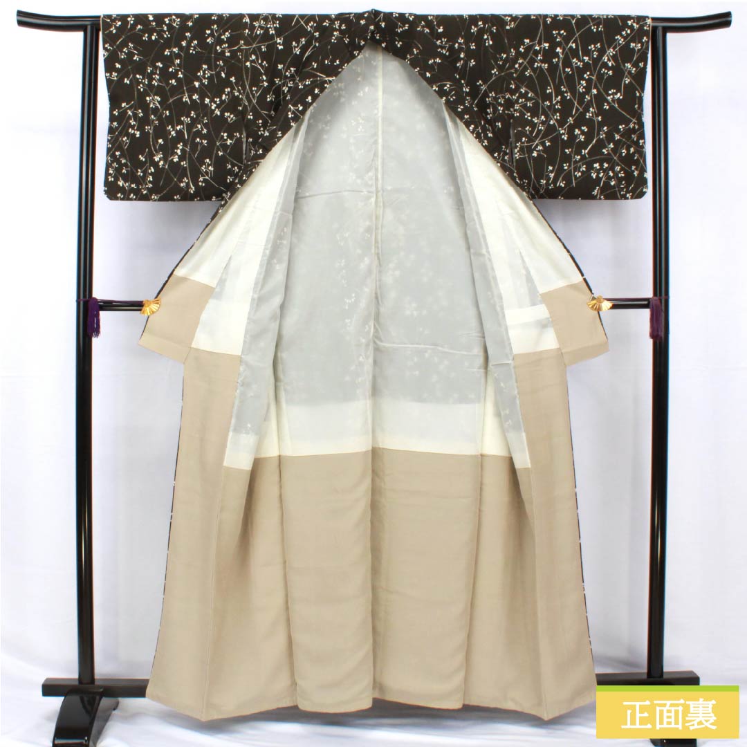 小紋 正絹 身丈159.5cm 裄丈62cm 袷 涅色（くりいろ） 小枝 Aランク 黒系 1115004973310