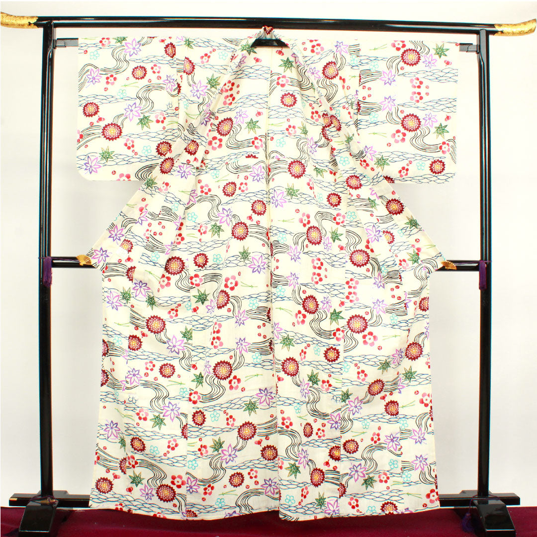 Yukata with basting thread, unused, milky white, stencil dyed, cotton linen, S rank, single layer, length 162cm, sleeve length 67cm, cream color, 1118002012415