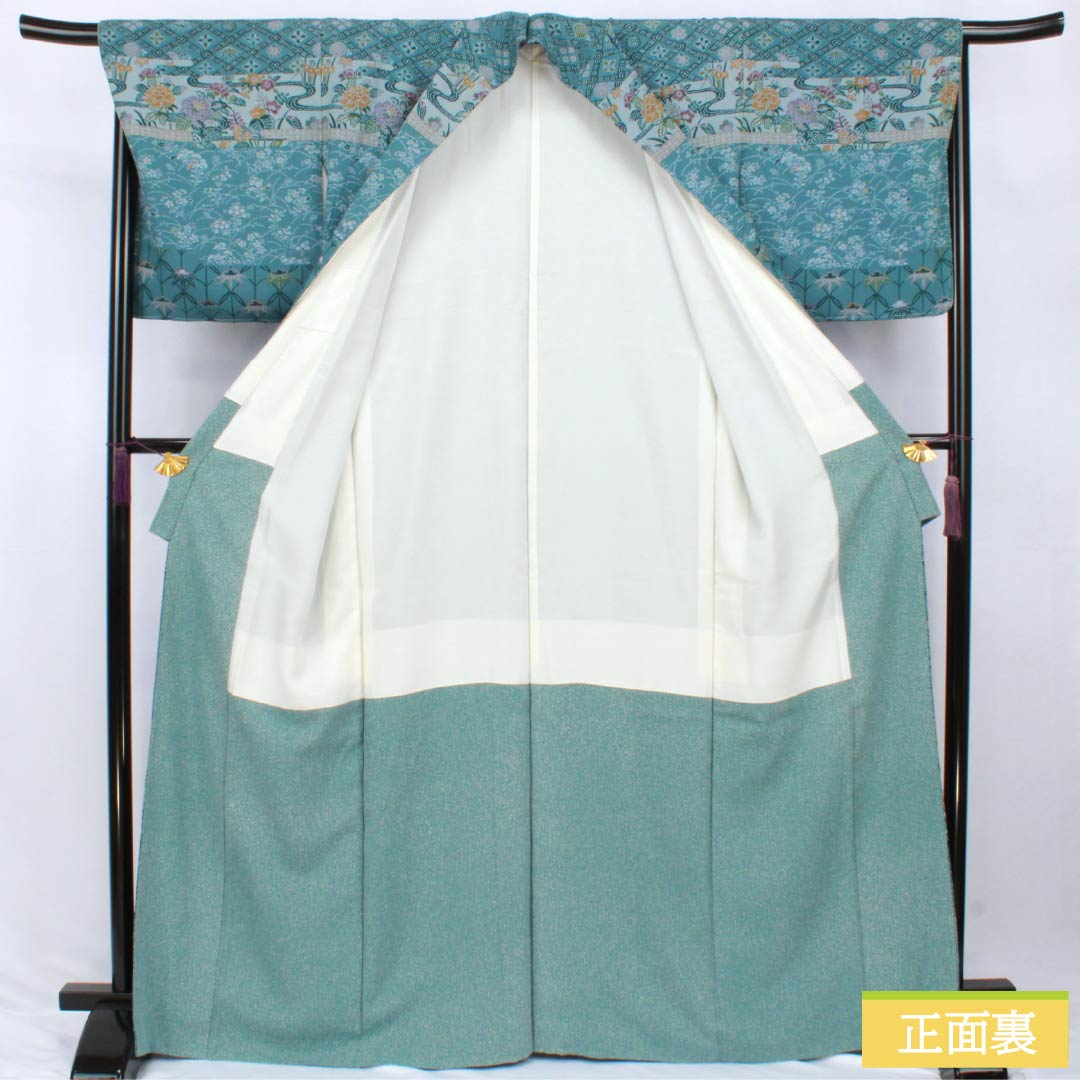 Homongi Silk S-Rank Lined Kimono Length 166cm, Sleeve to Sleeve 67.5cm, Kage-asagi Color, Stenciled, Artist-made, Classic Pattern, With basting stitches, Blue series, 1112007792517