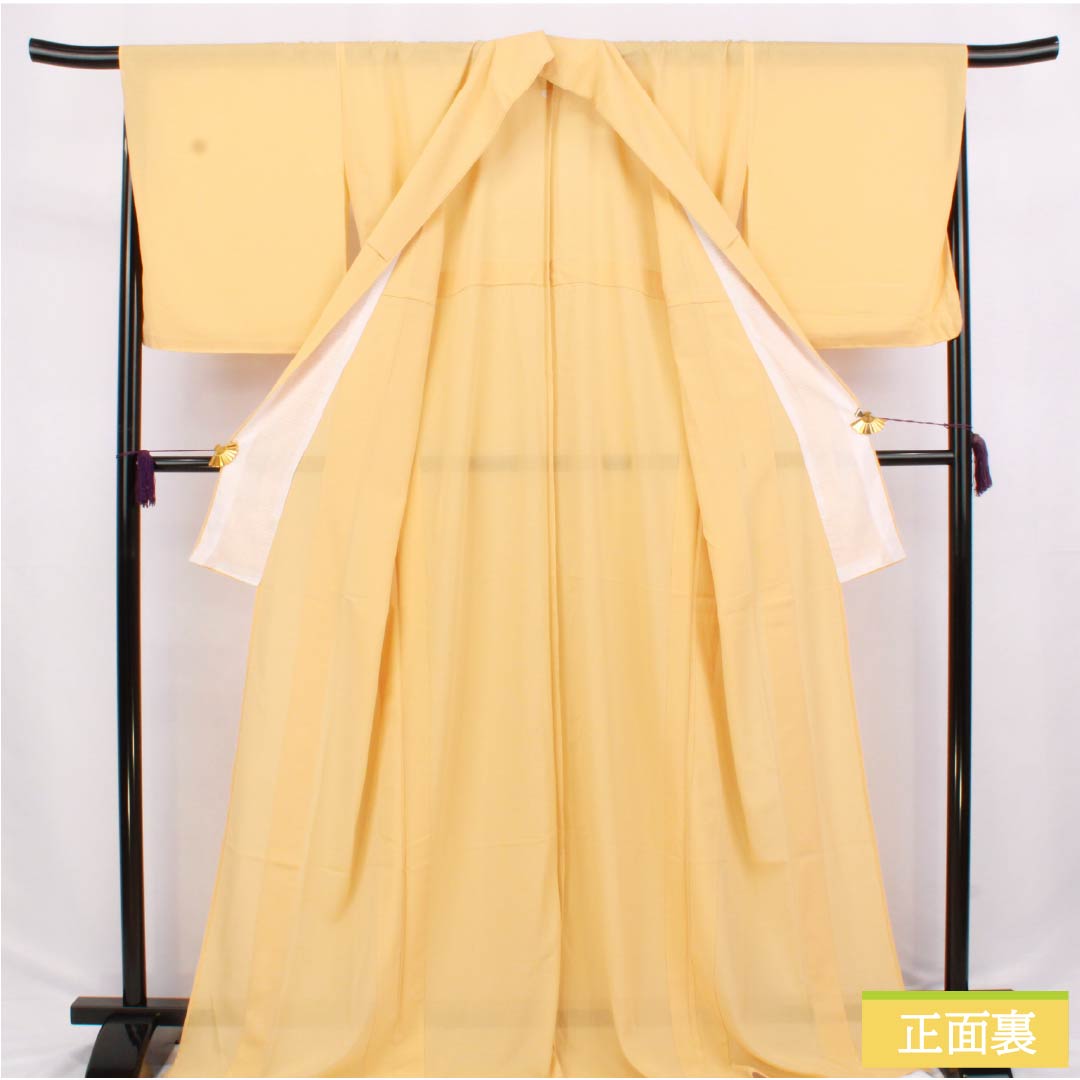 Summer solid color polyester kimono, S rank, length 171.5cm, sleeve length 70.5cm, light tangerine color (usukouji), one crest, five-three paulownia pattern, ro crepe, orange-colored, product number 1132003062626