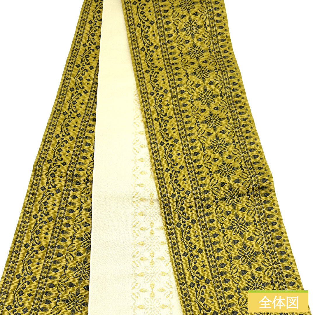 (New) Half-width obi, polyester, NEW rank, sentoku-iro (dark reddish-brown) and zoge-iro (ivory) with abstract floral and stripe patterns, reversible, obi length 400cm, green family, 1125002401419