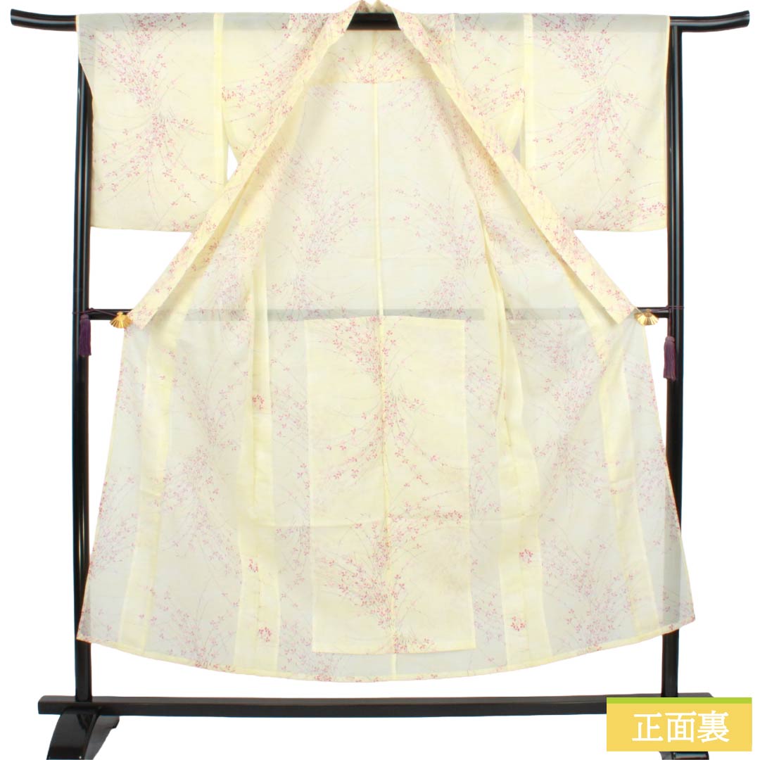 夏物 ポリエステル 小紋 Sランク 身丈151.5cm 裄丈66.5cm 白百合色（しらゆりいろ） 草花模様 居敷当て付き 絽 黄系 1132004492223