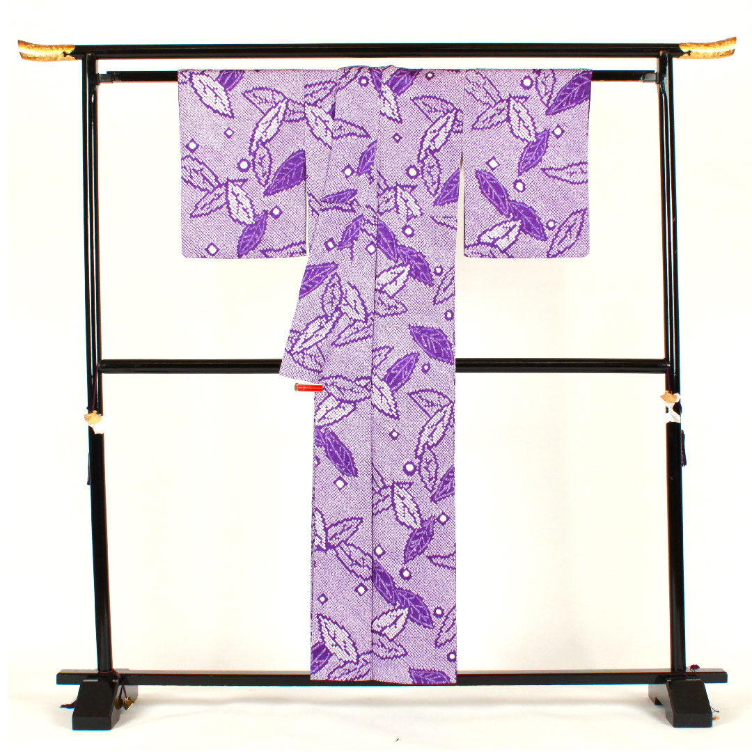 Komon, Length 158cm, Sleeve length 62cm, Awase, All tie-dye, Leaf pattern, Pure silk, A rank, Purple, 1115001883320