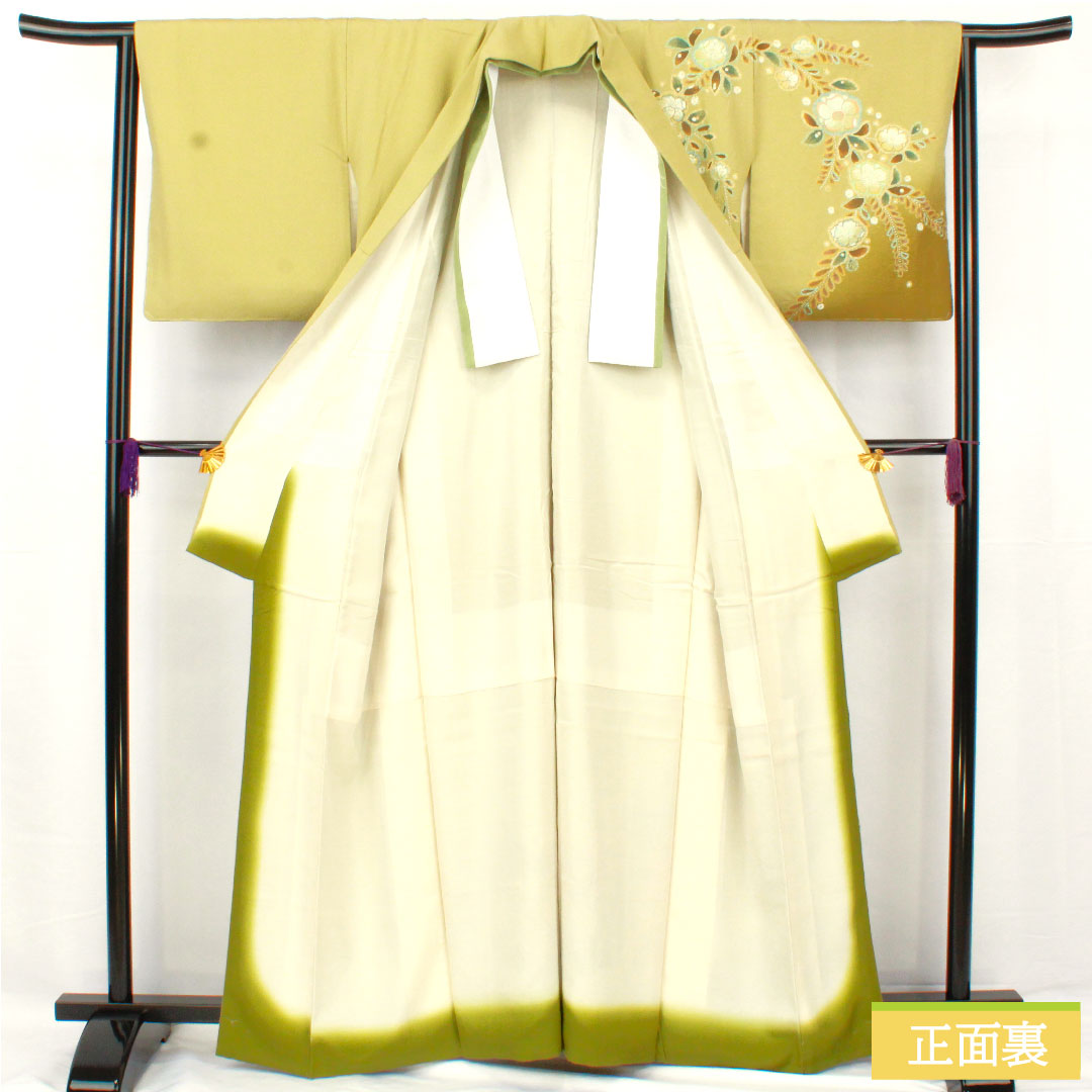 訪問着 正絹 袷 身丈162cm 裄丈62.5cm 薄柳色（うすやなぎいろ） 辻ヶ花 ちりめん地 重ね衿付き しつけ糸付き Sランク 緑系 1112005202419
