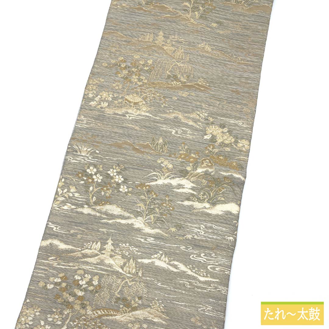 Nagoya Obi, Pure Silk, S-Rank, Landscape and Floral Pattern, Length 367cm, Six-Ply, Semi-Formal, Gray, 1124009562322, Nagoya Style