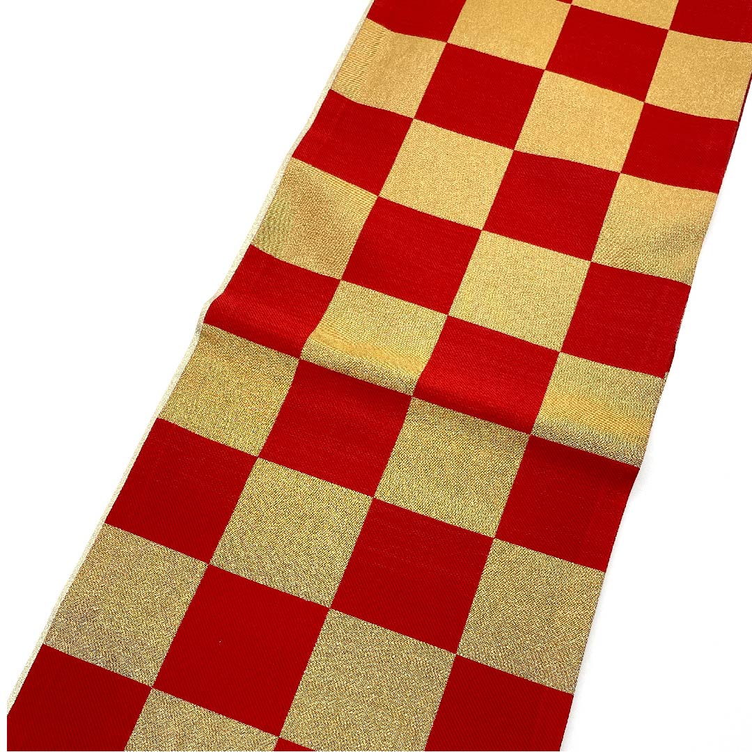 Gold-colored Fukuro Obi for Furisode, Checkered, Length 440cm, Pure Silk, S-Rank, Six-way, Formal, Gold-based, 1123006252321
