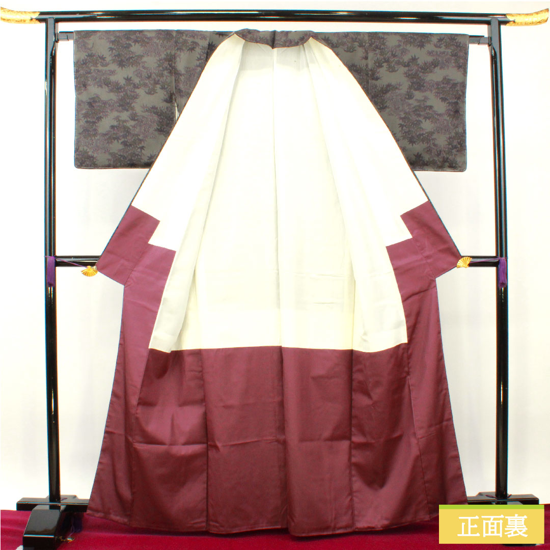 村山大島 正絹 身丈165cm 裄丈65.5cm  笹 Sランク 袷 グレー系 1116003172522