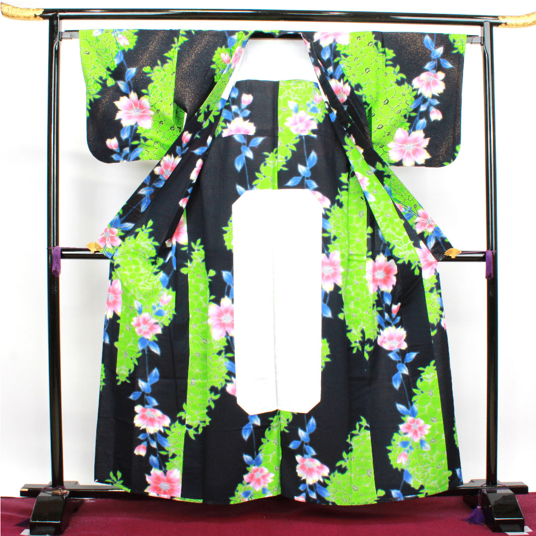 Yukata, floral pattern, cotton, S rank, single layer, length 159.5cm, sleeve length 65cm, black, 1118003332310