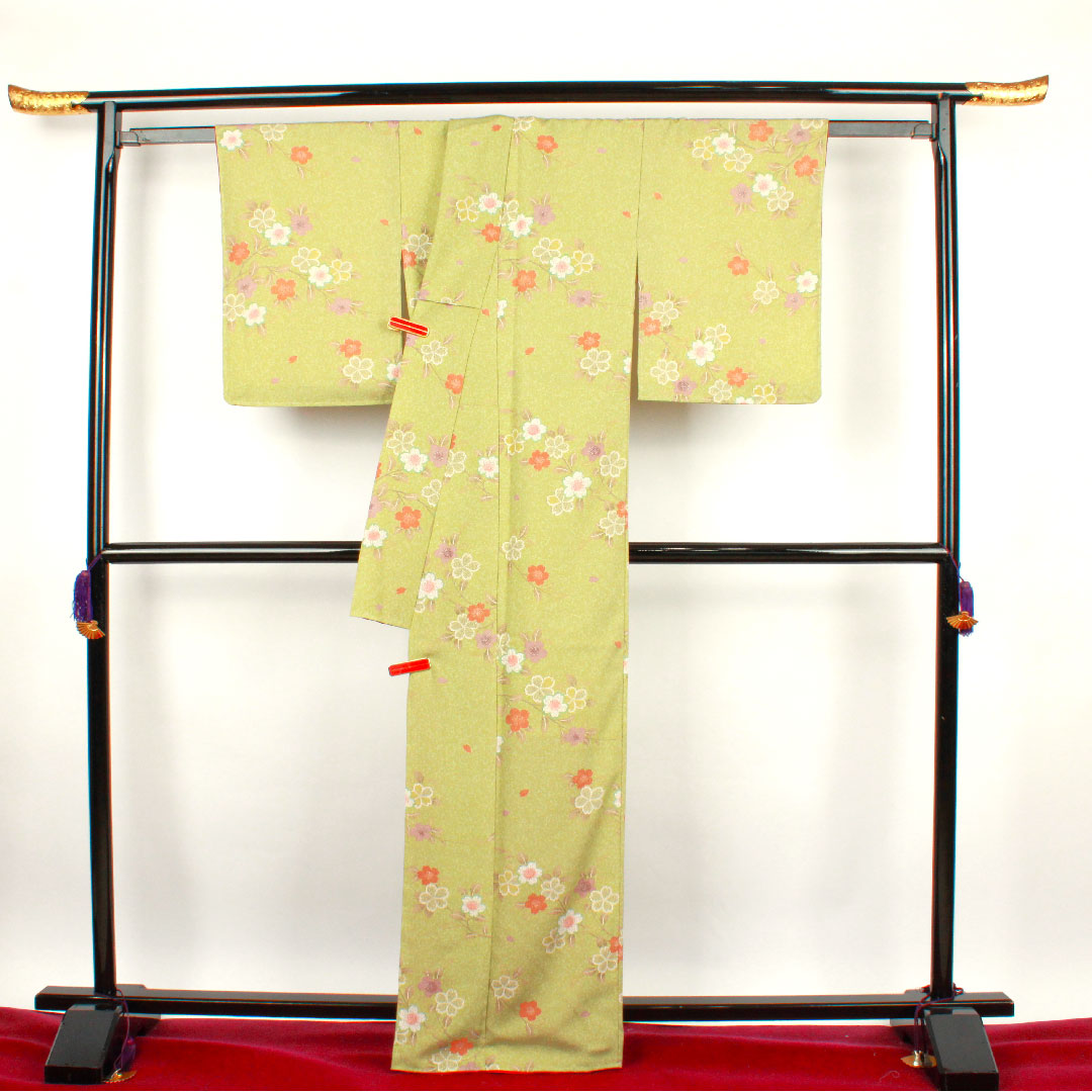 小紋 身丈164cm 裄丈64cm 袷  薄青朽葉色 洗える着物 桜  ポリ Sランク 緑系 1115002342419
