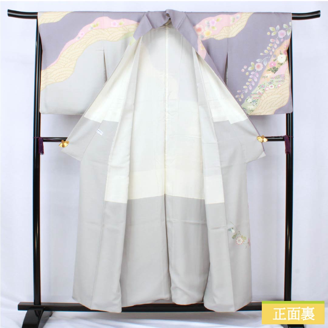 Visiting Kimono, Pure Silk, S Rank, Lined, Length 155cm, Sleeve Length 66cm, Light Gray (Usunezuiro) and Noble Gray (Kizoku Nezuiro) with Kyoto Yuzen Pattern and Floral Design, Gray Tones, Product Number: 1112006312322