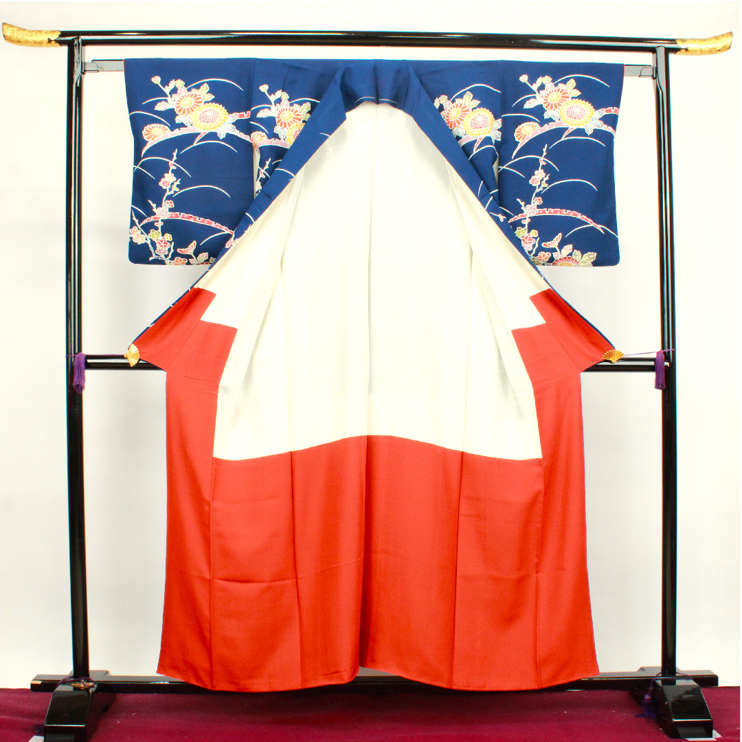 小紋 身丈156.5cm 裄丈62cm 袷  紺藍色 京紅型 菊 露芝  正絹 Sランク 紺系 1115003382318